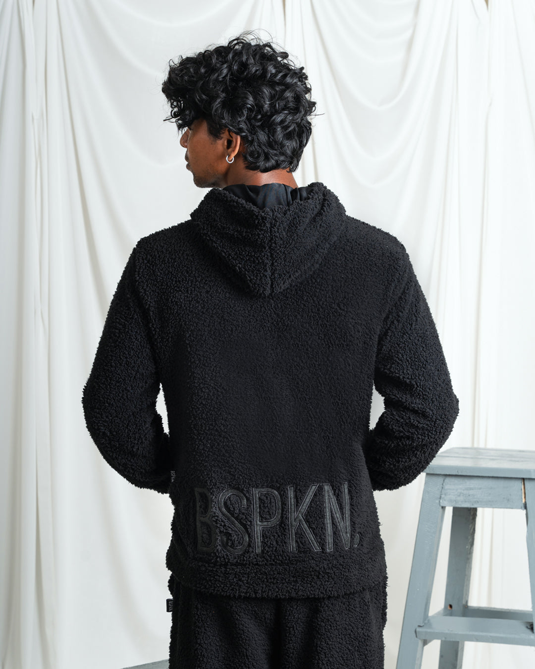 Black Sherpa Hoodie with Embroidery on back